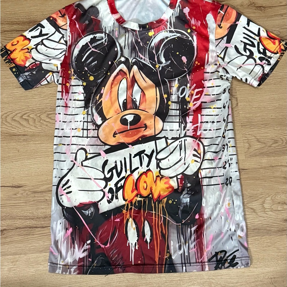 Mickey Mouse Graphic Tee Small S - Red and Black “Guilty of Love” Short Sleeve - Picture 1 of 1